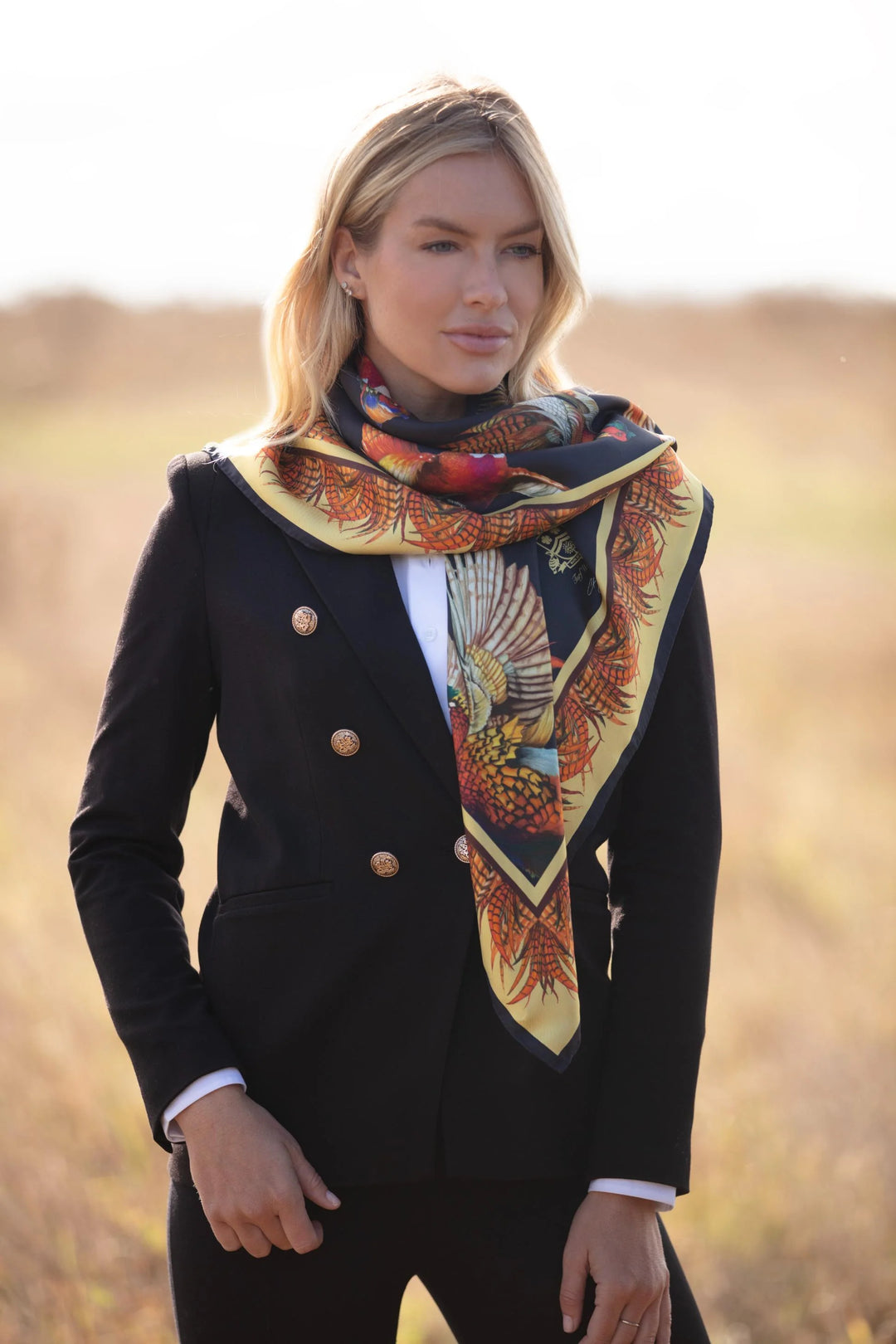 Turf War Black and Gold Pheasant Large Square Silk Scarf
